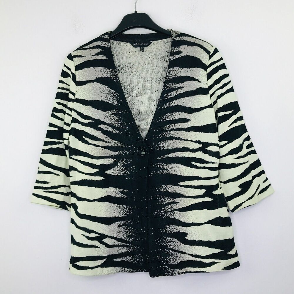 Ming Wang Women's Medium Sweater Grey Black Zebra Shoulder Pad Cardigan Flaw BU9